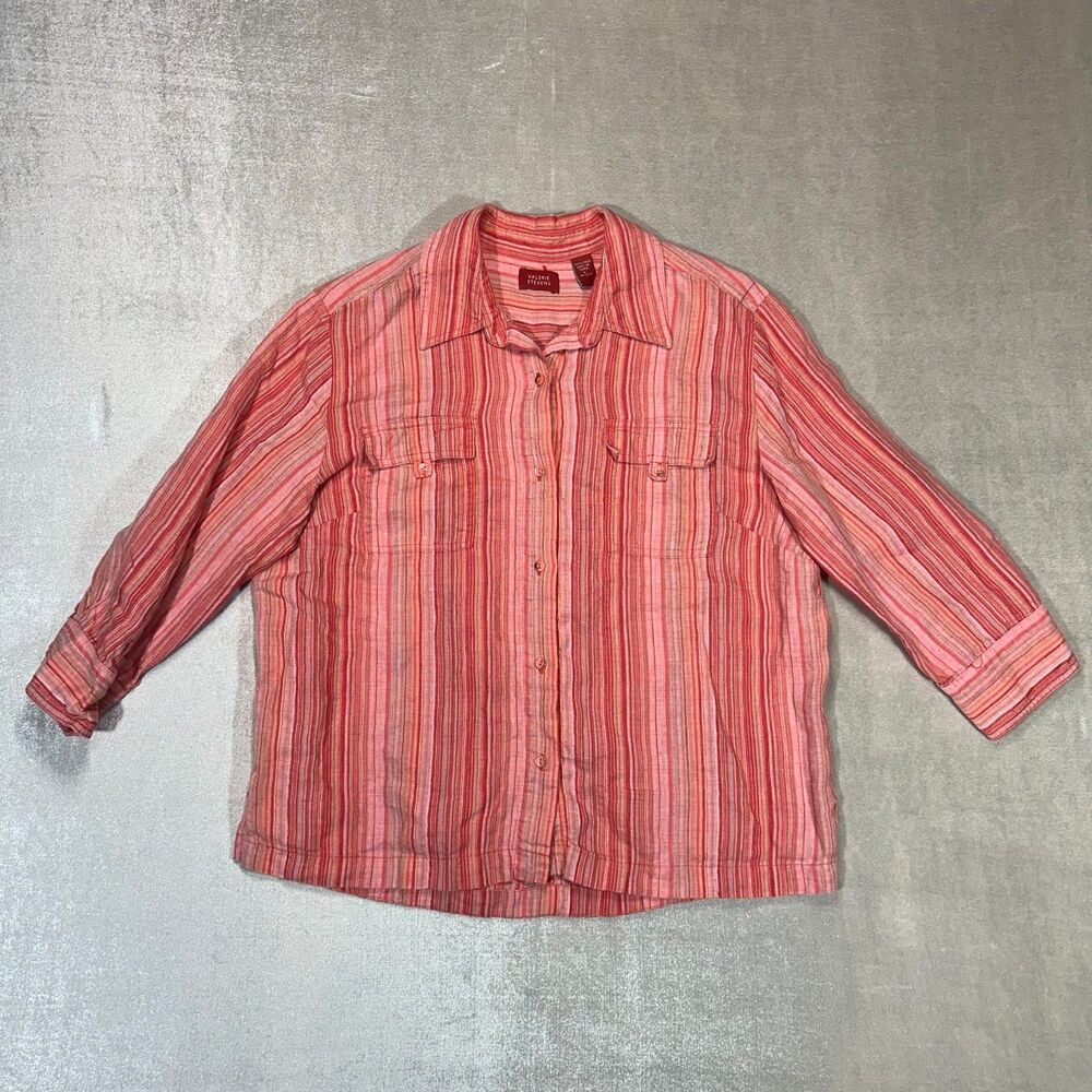 Valerie Stevens 100% Linen Womens Large Pink Stripe Button Up Shirt Coastal